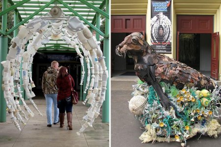 Скульптуры морских обитателей из пластикового мусора, прибитого к берегу